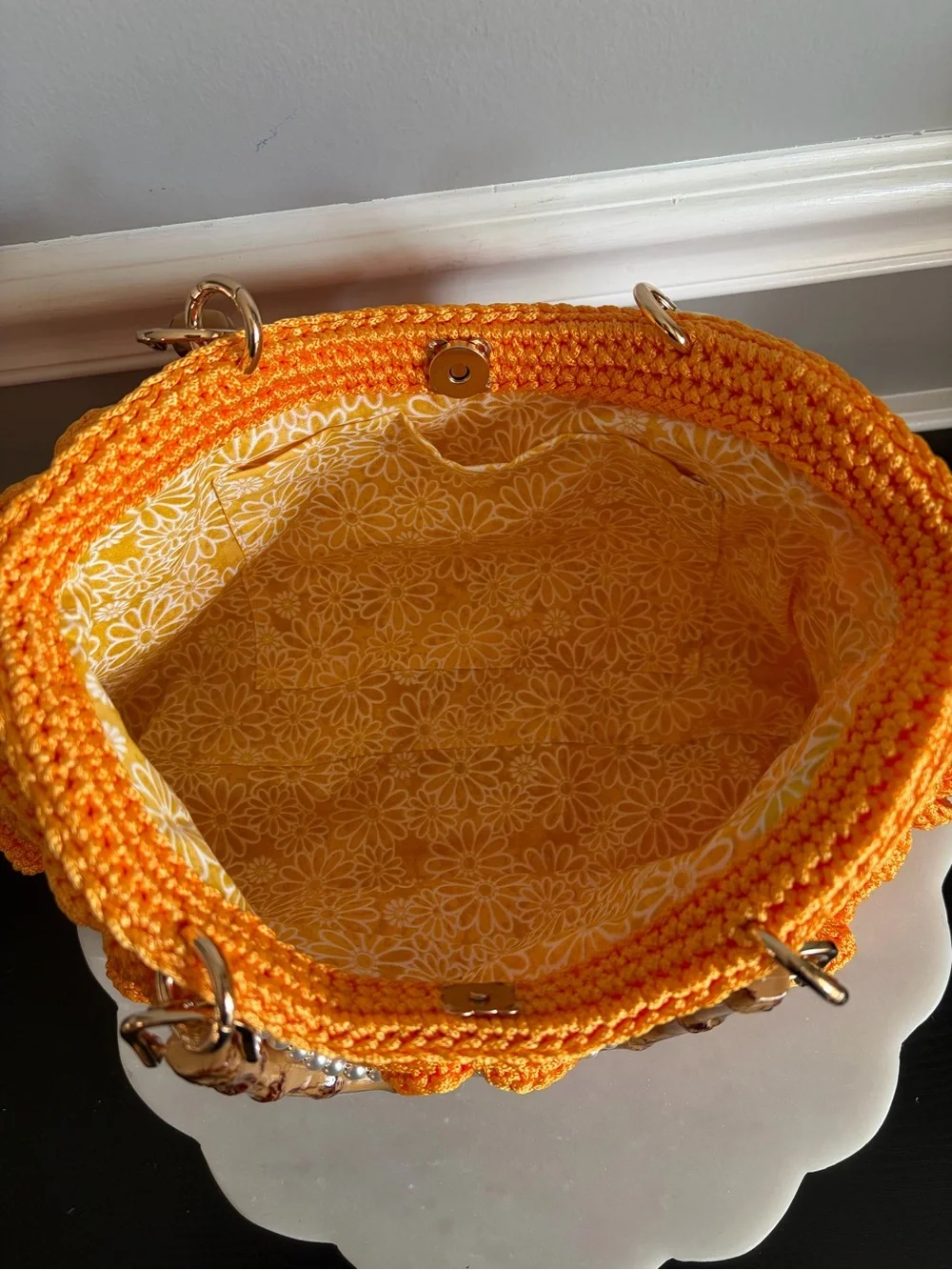Handmade Orange Crochet Floral Bamboo-Handle Women’s Bag
